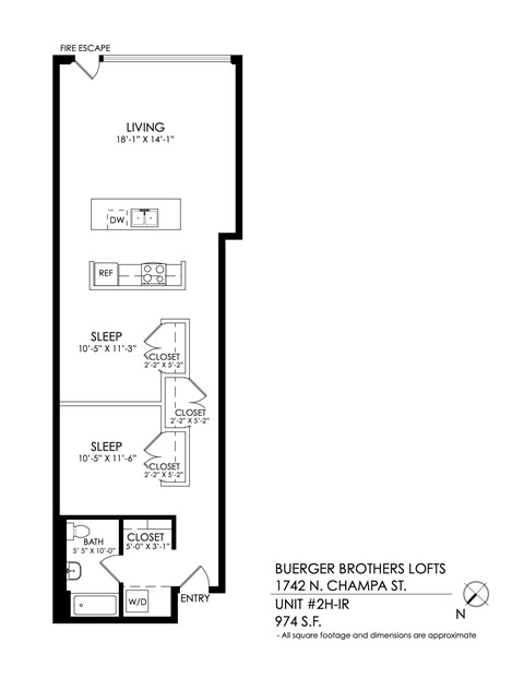 Floor plan for 2 beds, 1 bath, 974 sqft